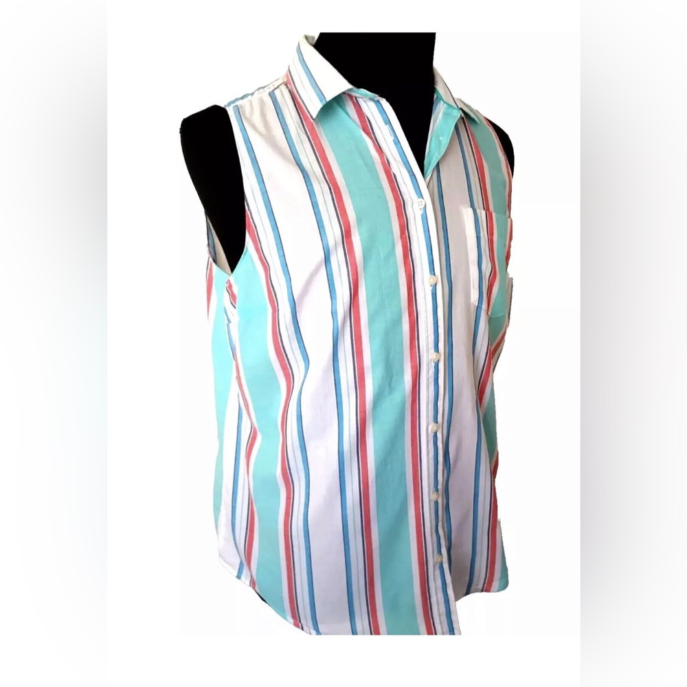 St John's Bay Blouse Striped Size Large Sleeveless Shirt Cotton Button Up